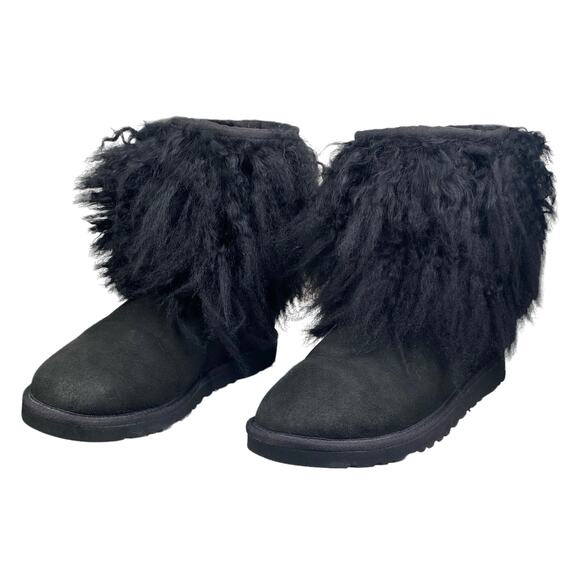 UGG Lida Mongolian Black Suede Shearling Fur Cuff Classic Boot Size US 6 - Picture 6 of 10